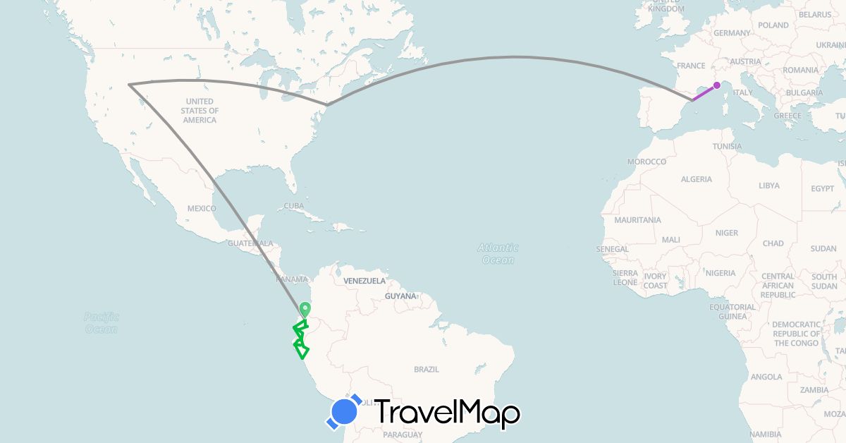TravelMap itinerary: driving, bus, plane, train in Ecuador, Spain, France, Peru, United States (Europe, North America, South America)